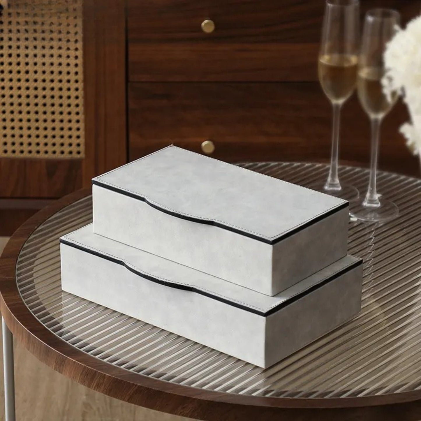 Wooden Leather Jewelry Square Box (White, Coffee)