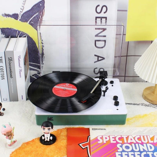 Green Vinyl Record Player With Dust Cover
