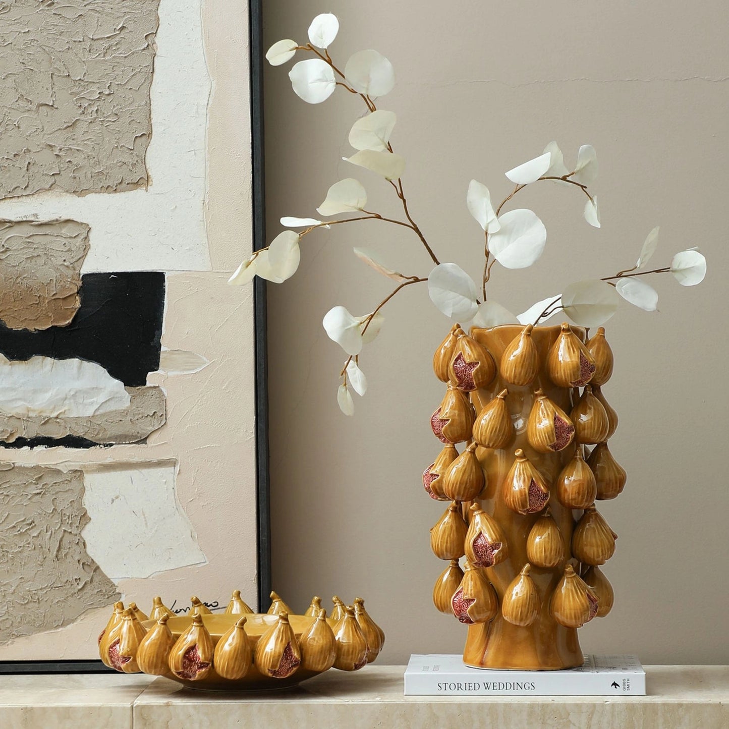 Brown Ceramic Fig Details Handmade Flower Vase