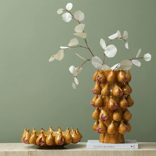 Brown Ceramic Fig Details Handmade Flower Vase