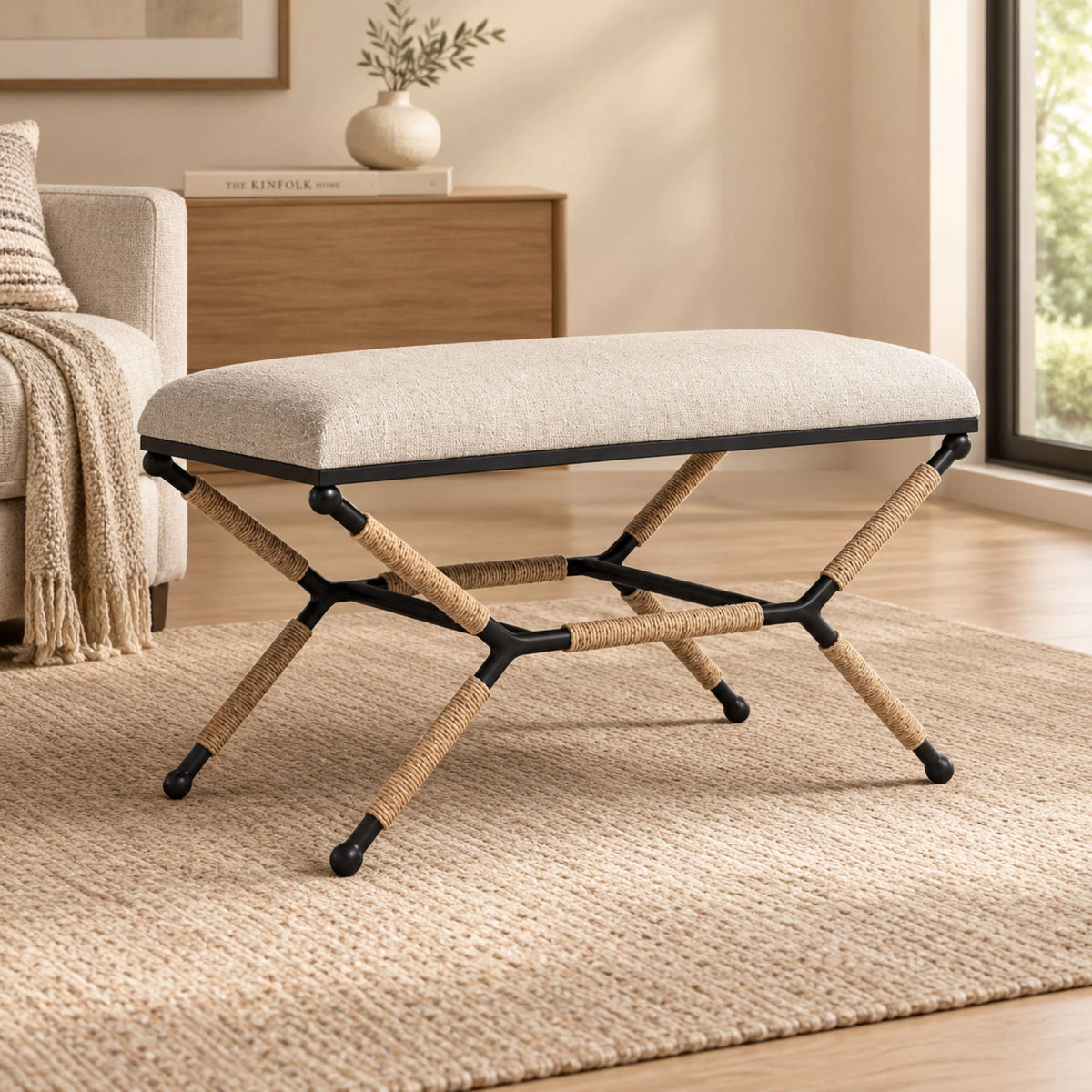 Upholstered Bench with Rope Detail