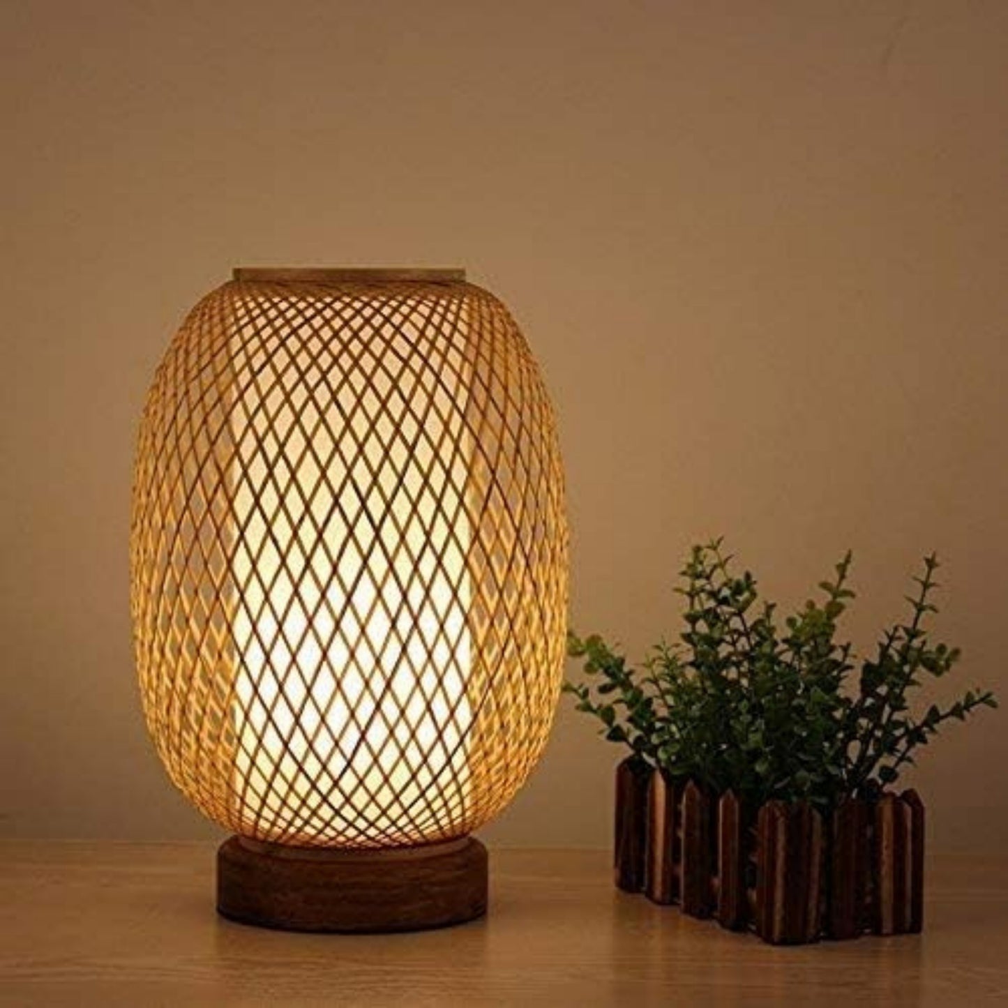 Bamboo Webbing Wooden Base Table Lamp