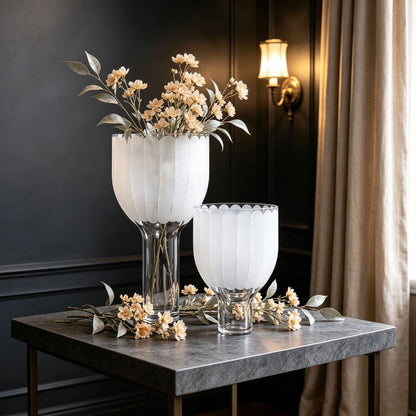 Handmade Frosted Goblet Shape Textured White Decorative Flower Glass Vase