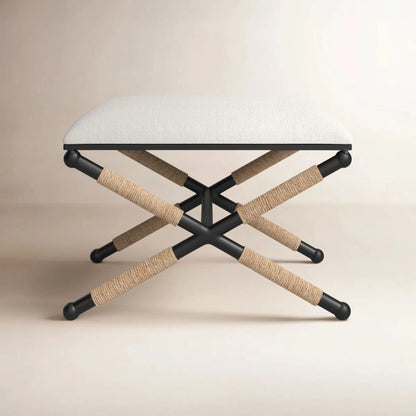 Upholstered Metal Puffy Stool with Rope Detail