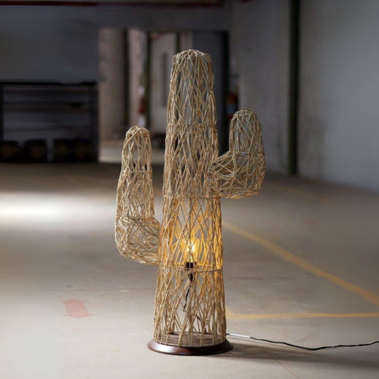 Paper Rope Cactus Shape Wooden Base Floor Lamp