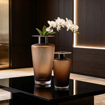 Amber Frosted Vertical Striped Handmade Glass Vase with Metal Neck