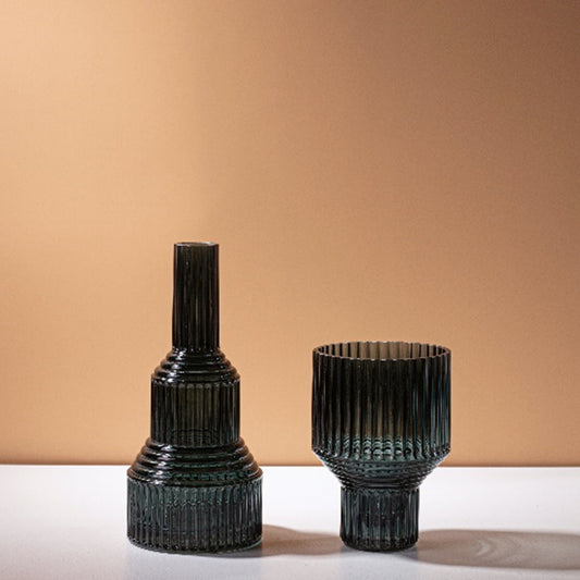 Dark Green Geometric Hand Blown Glass Vase
