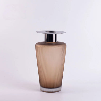 Amber Frosted Vertical Striped Handmade Glass Vase with Metal Neck