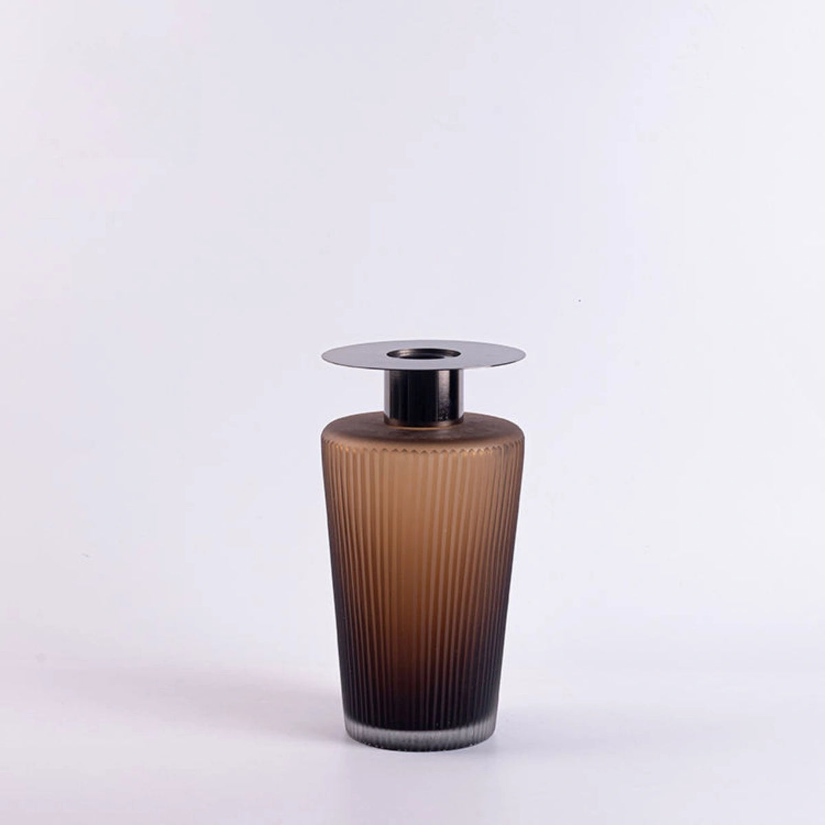 Amber Frosted Vertical Striped Handmade Glass Vase with Metal Neck