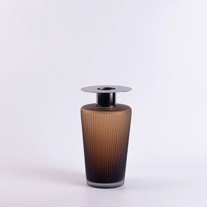 Amber Frosted Vertical Striped Handmade Glass Vase with Metal Neck