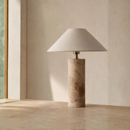Mushroom Shade with Beige Marble Cylinder Base Table Lamp