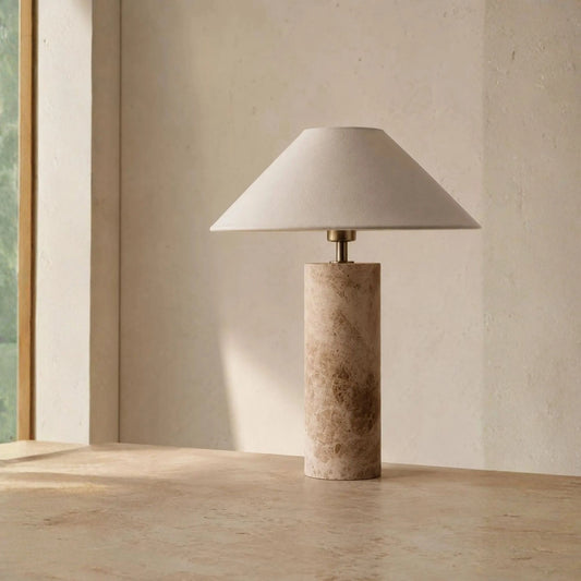 Mushroom Shade with Beige Marble Cylinder Base Table Lamp