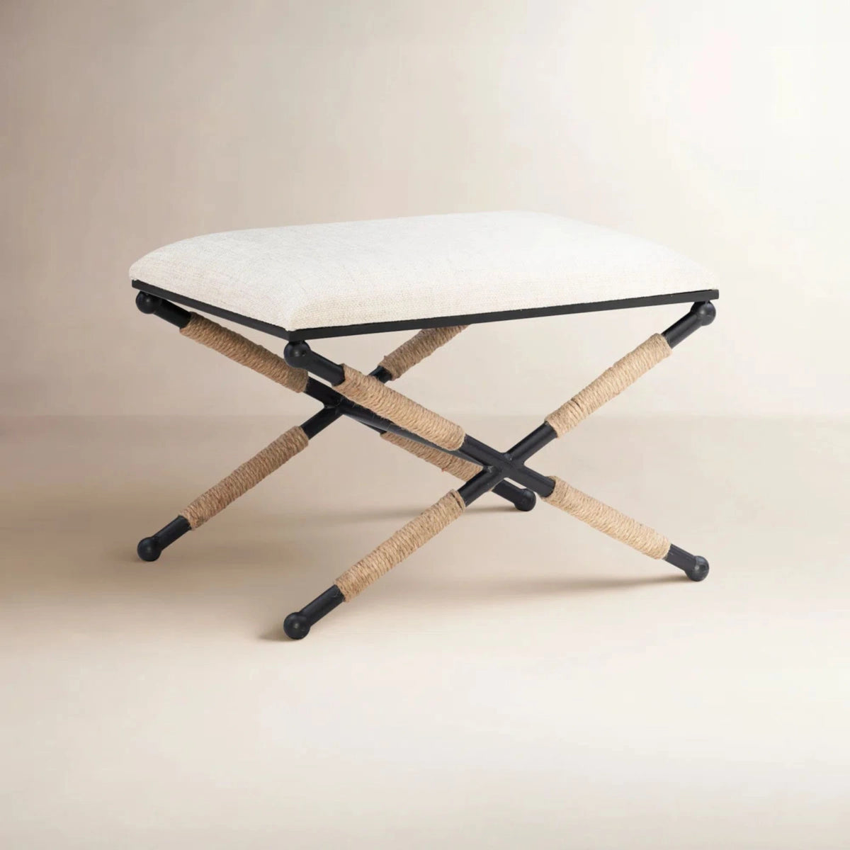 Upholstered Metal Puffy Stool with Rope Detail