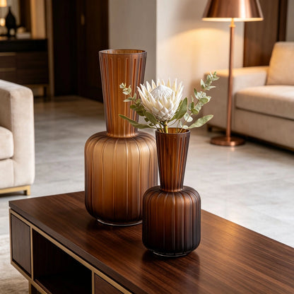 Handmade Amber Brown Ribbed Thickened Glass Vase