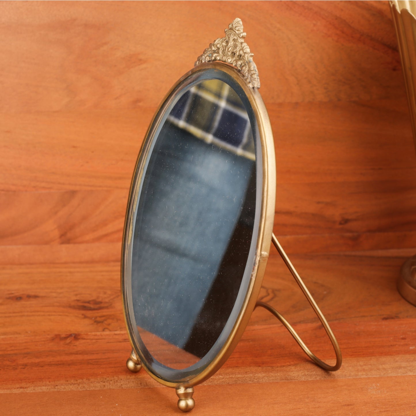 Brass Carved Back Oval Table Mirror