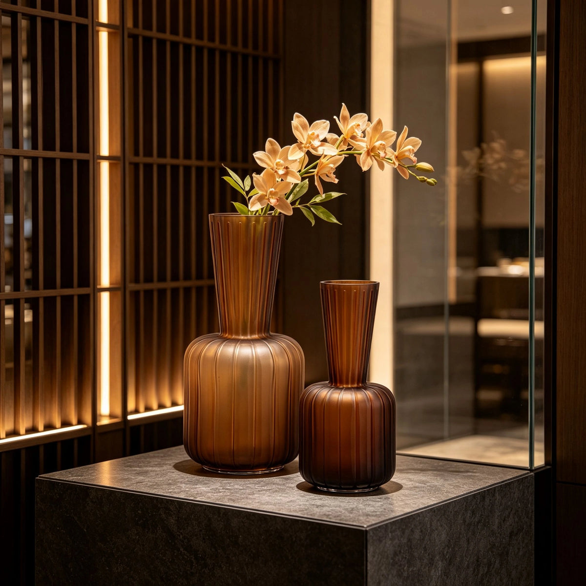 Handmade Amber Brown Ribbed Thickened Glass Vase