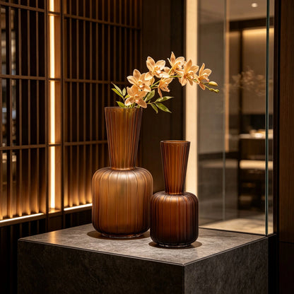Handmade Amber Brown Ribbed Thickened Glass Vase
