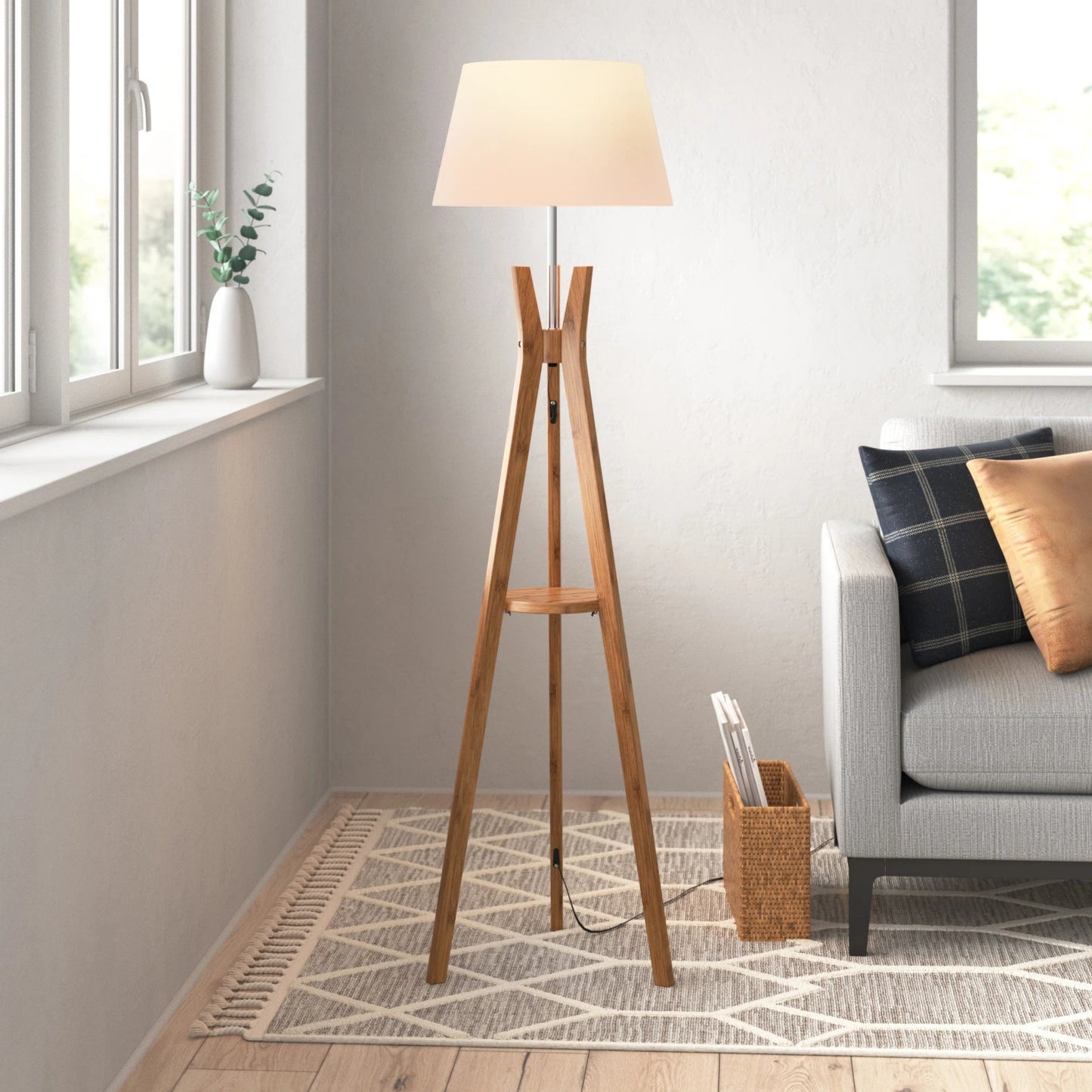 Natural Wooden Tripod Base Floor Lamp