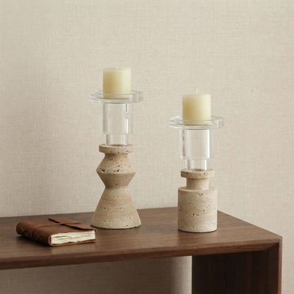 Beige Stone Crystal Candlestick/ Candle Holder