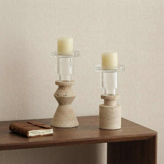 Beige Stone Crystal Candlestick/ Candle Holder