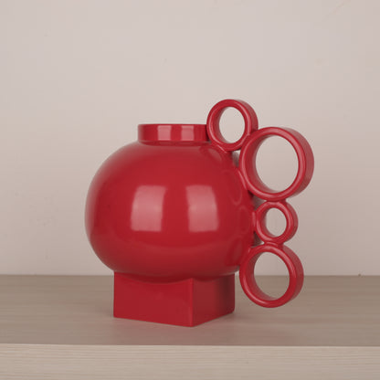 Handmade Ceramic Round Handle Red Color Flower Vase