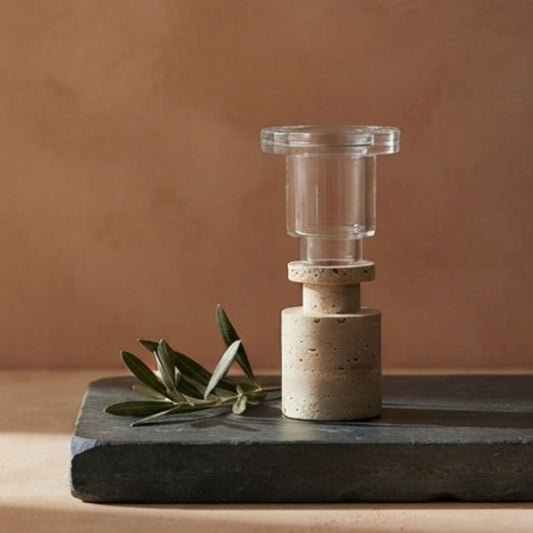 Beige Stone Crystal Candlestick/ Candle Holder