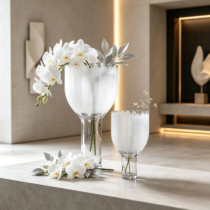 Handmade Frosted Goblet Shape Textured White Decorative Flower Glass Vase