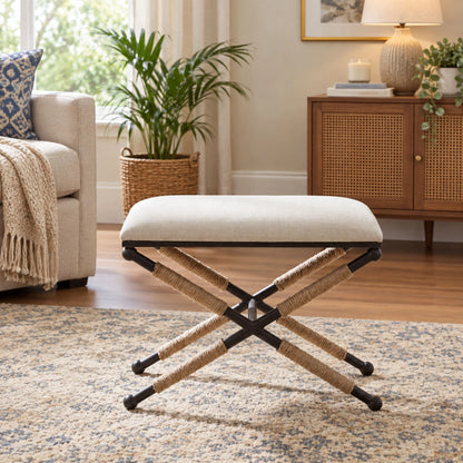 Upholstered Metal Puffy Stool with Rope Detail