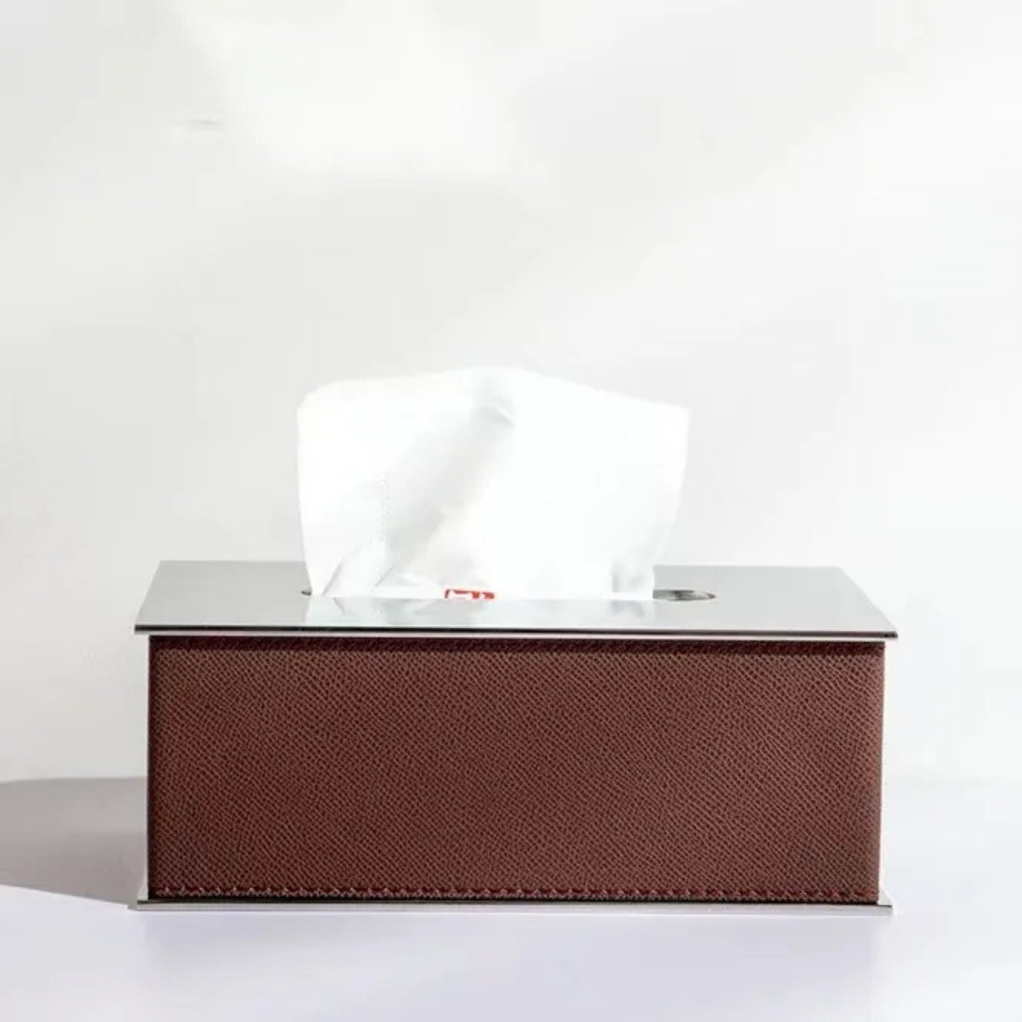 Rectangular Tissue Box With Leather (Brown, White)