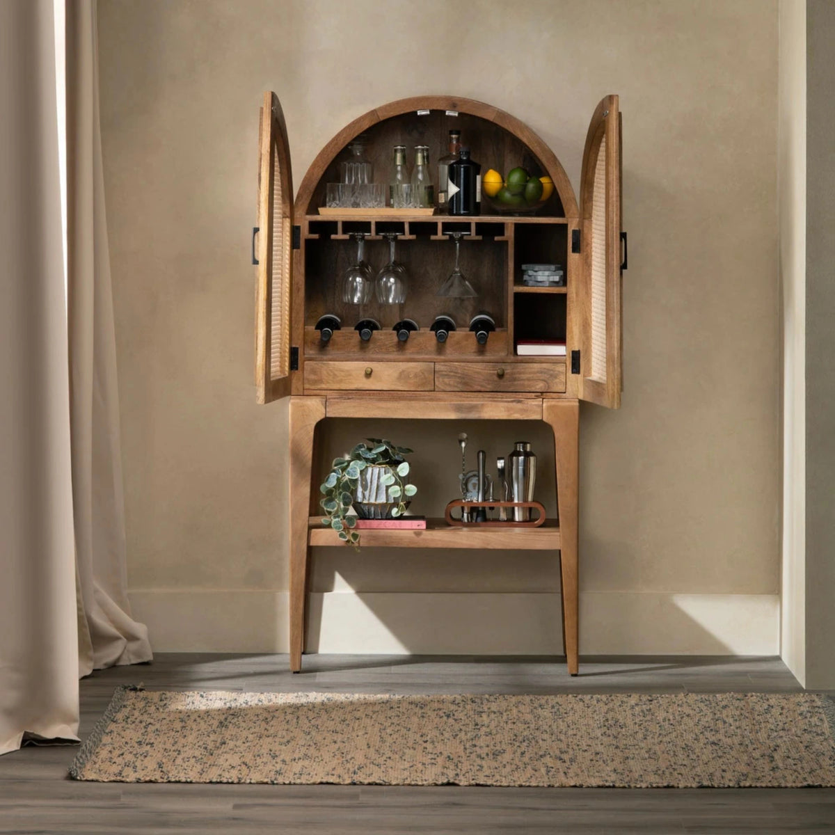 Rattan Door Mango Wood Bar Storage Cabinet