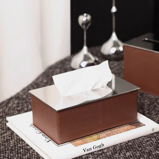 Rectangular Tissue Box With Leather (Brown, White)