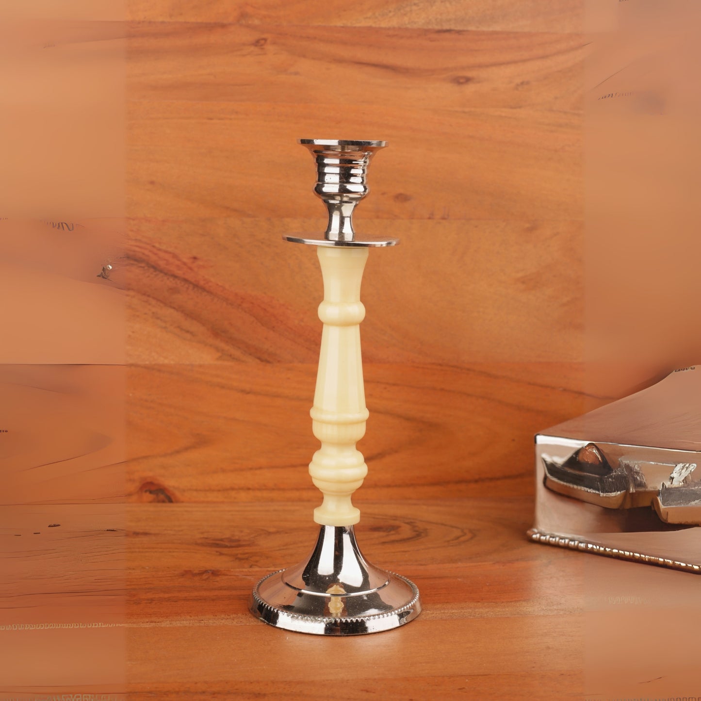Silver Base & Top Ivory Pillar Candle Stand