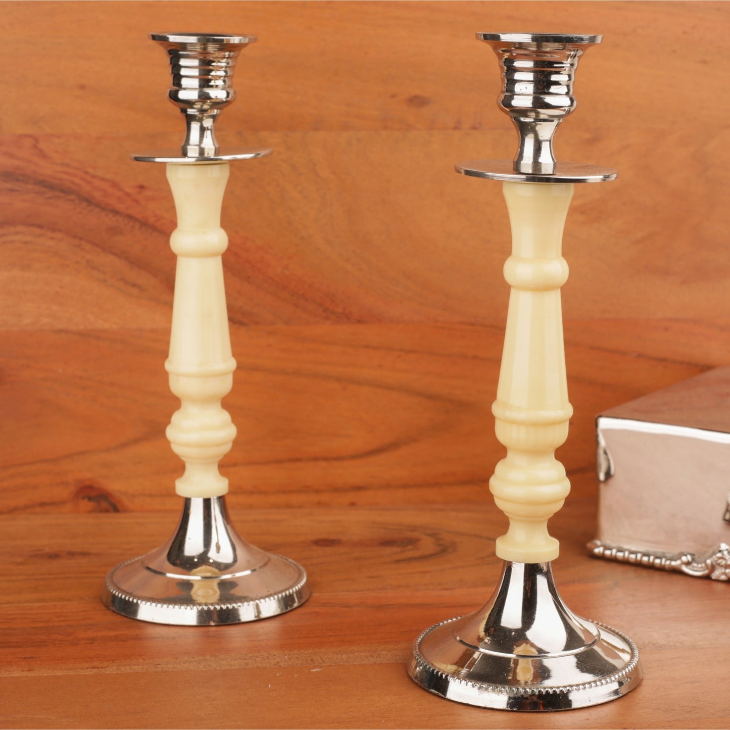 Silver Base & Top Ivory Pillar Candle Stand