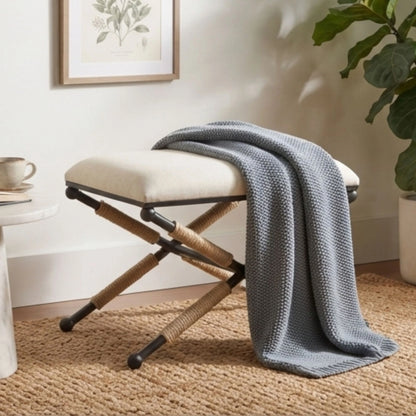 Upholstered Metal Puffy Stool with Rope Detail