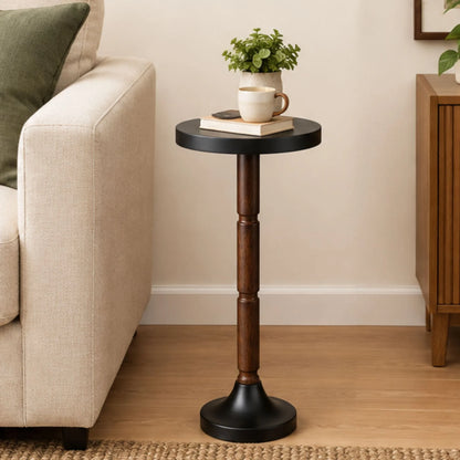 Solid Wood Round Side Table Featuring a Dark Round Top And Base