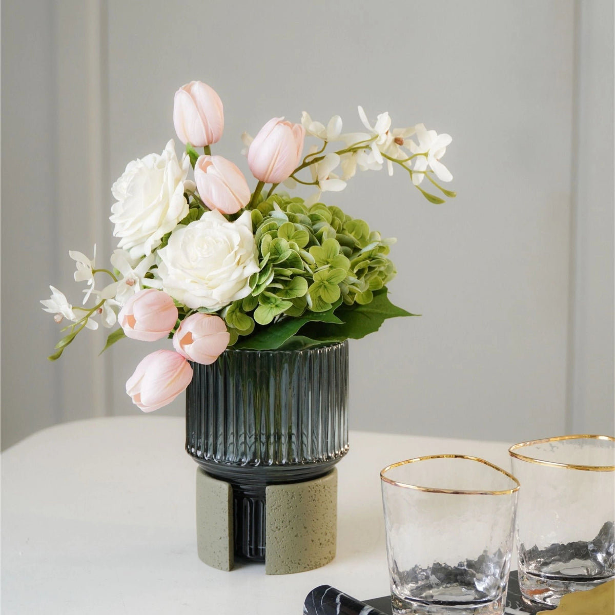 Modern Artisanal Desk Glass Vases with Handcrafted Concrete Bases Tabletop Vase