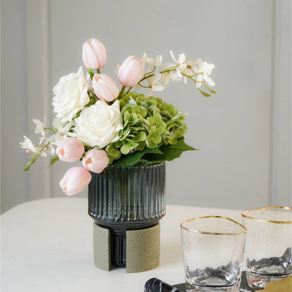 Modern Artisanal Desk Glass Vases with Handcrafted Concrete Bases Tabletop Vase