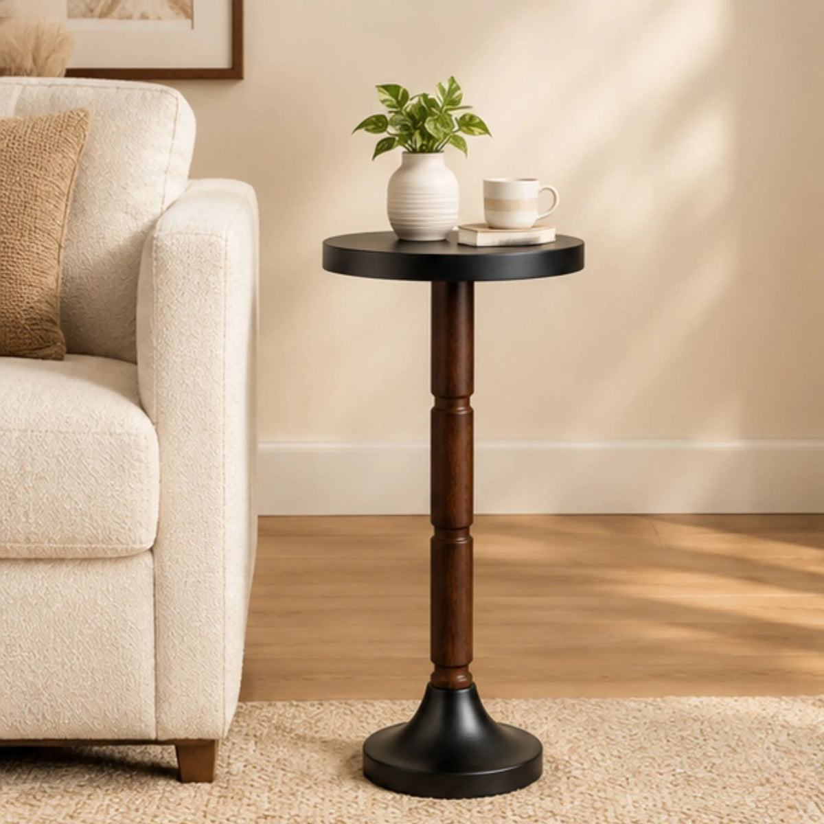 Solid Wood Round Side Table Featuring a Dark Round Top And Base
