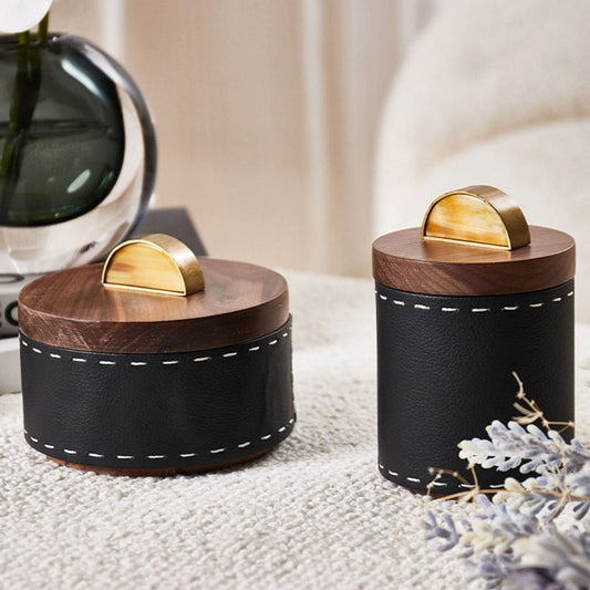 Walnut Wood Horn At Top Round Storage Box