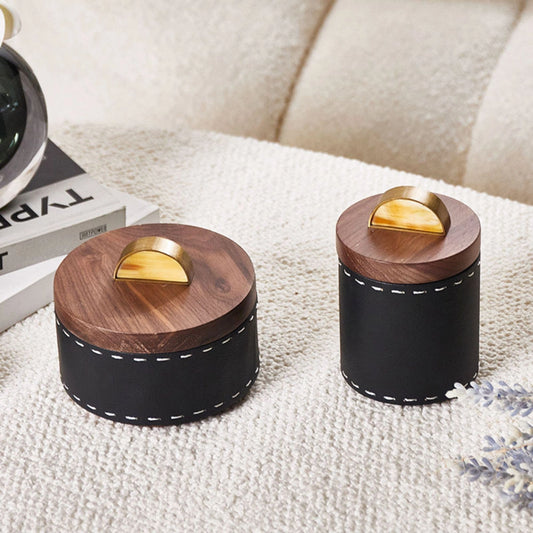 Walnut Wood Horn At Top Round Storage Box