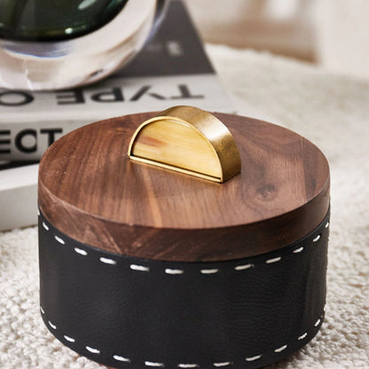 Walnut Wood Horn At Top Round Storage Box