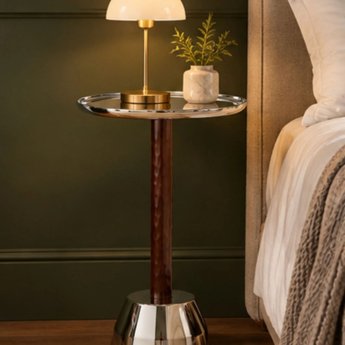 Dark Wood Silver Metal Side Table