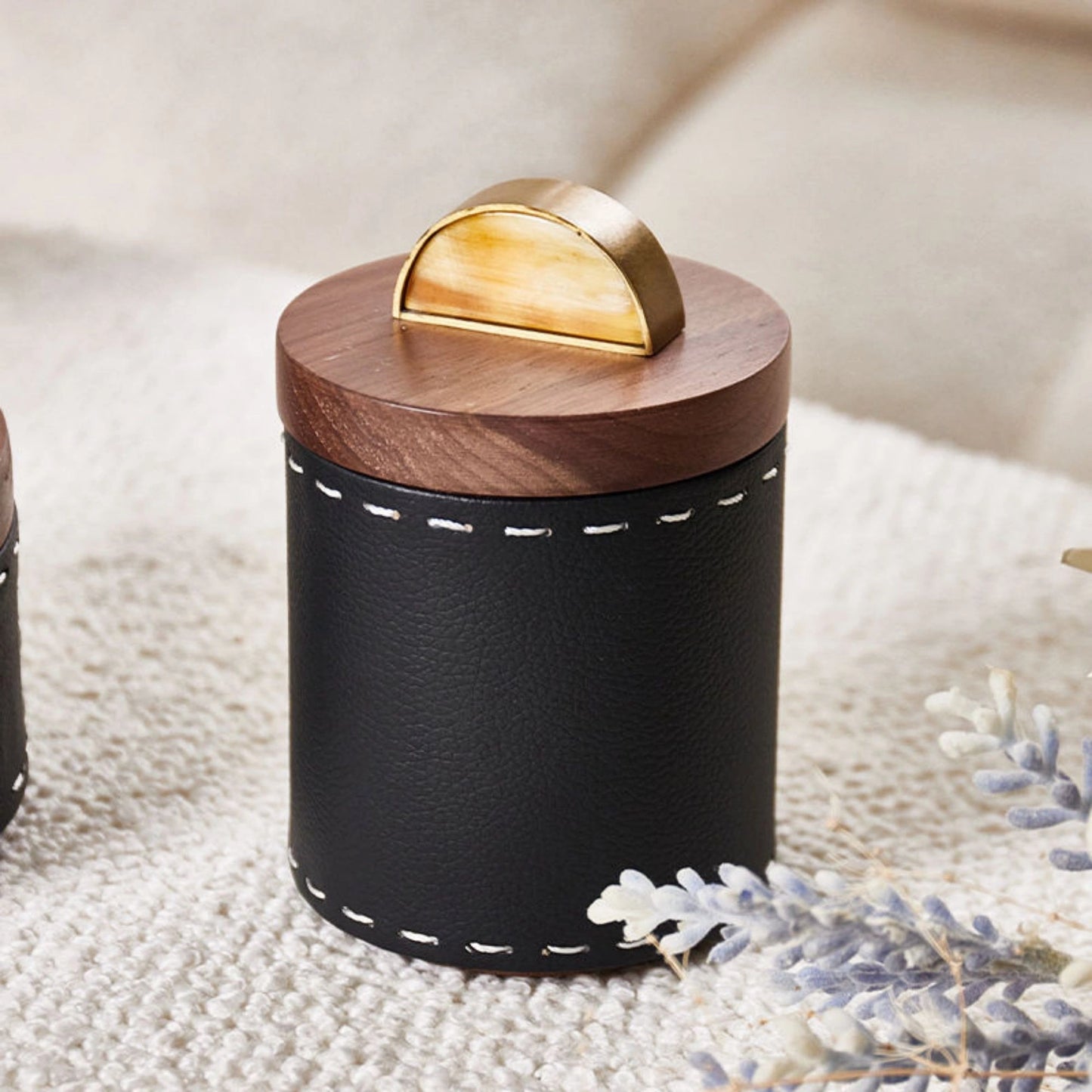 Walnut Wood Horn At Top Round Storage Box