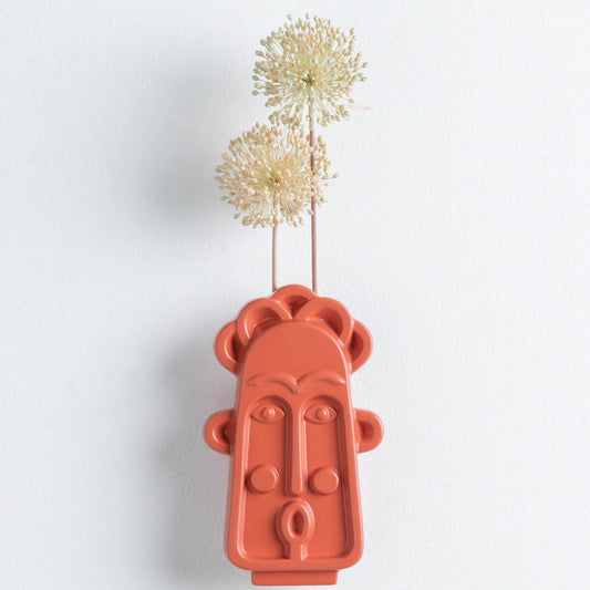 Human Face Orange Ceramic Wall Art Vase