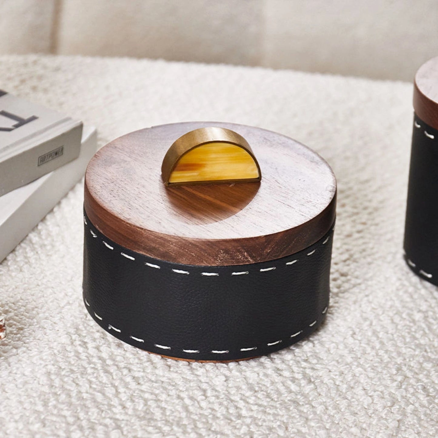 Walnut Wood Horn At Top Round Storage Box
