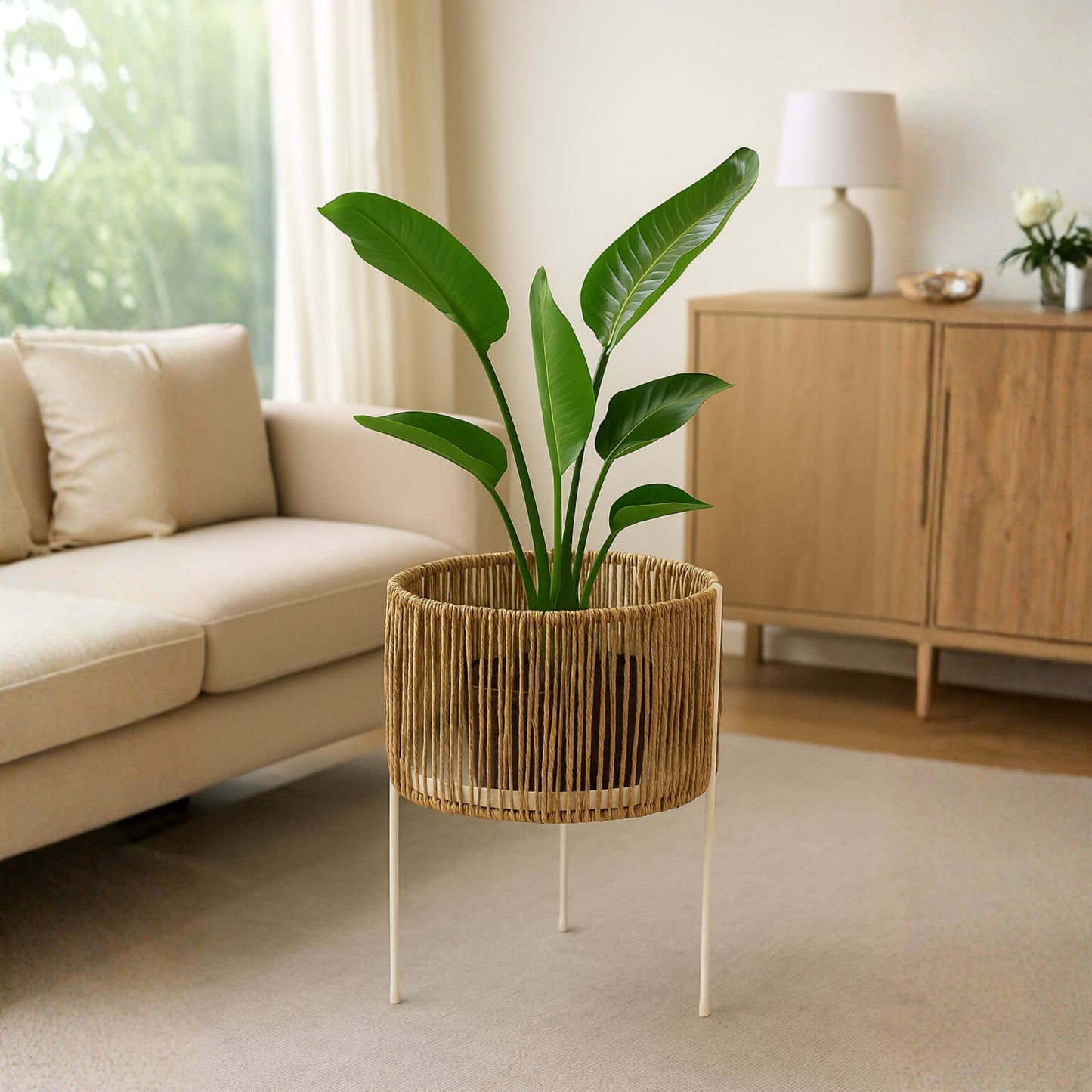 White Metal Base Woven Planter (Set of 2)