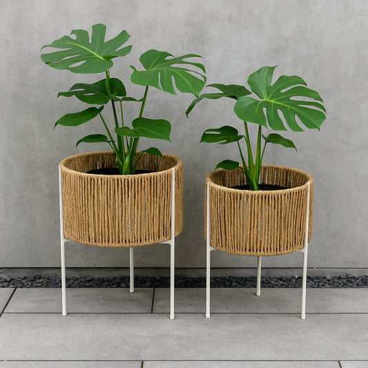 White Metal Base Woven Planter (Set of 2)