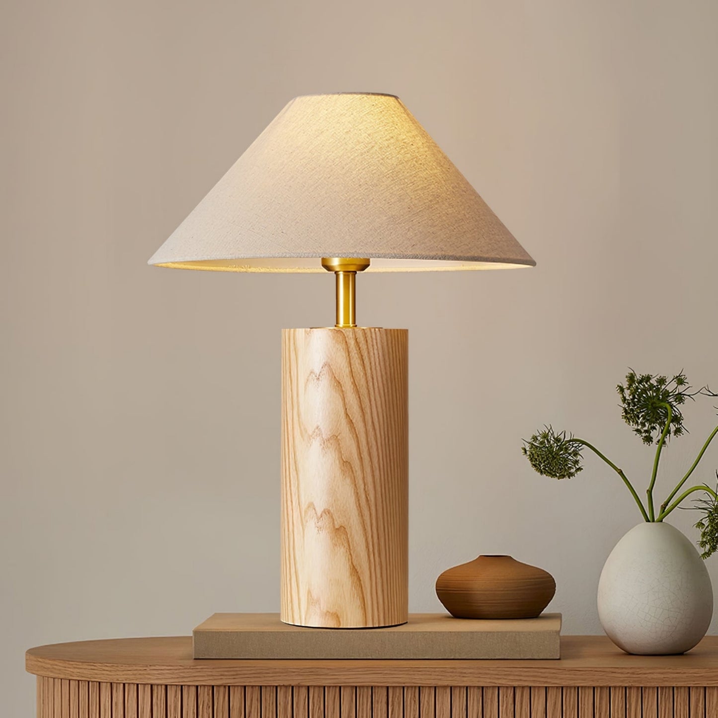 Fabric Shade Beige Wooden Desk Lamp