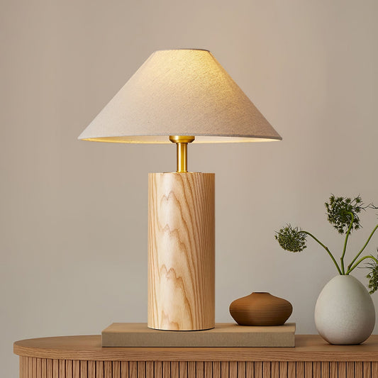 Fabric Shade Beige Wooden Desk Lamp