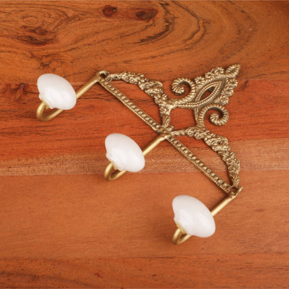 Brass Finish 3 White Nob Wall Hook